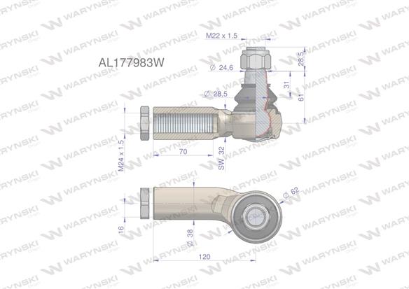 Przegub kierowniczy lewy 120mm - M24x1,5 AL177983 WARYŃSKI