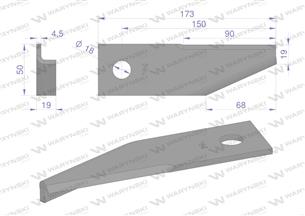 Nóż obrotowy rozdrabniacz słomy sieczkarnia podgięty lewy 173x50x4.5mm otwór 18 zastosowanie 87031976 New Holland WARYŃSKI ( spr