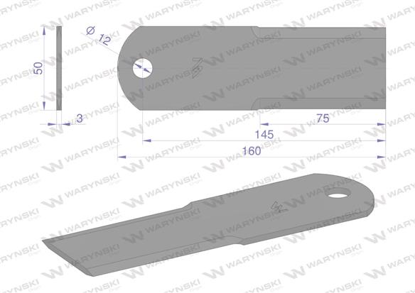 Nóż stały rozdrabniacz słomy sieczkarnia gładki 160x50x3mm otwór 12 zastosowanie 50028/4 900-603 New Holland WARYŃSKI ( sprzedaw