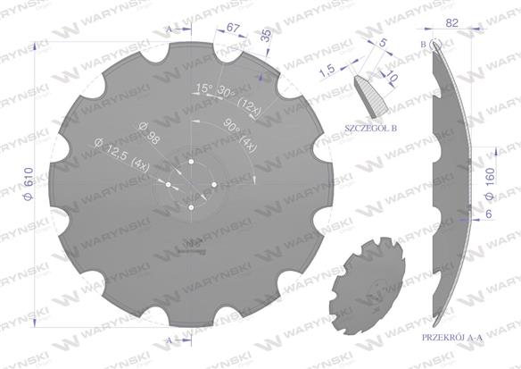 Talerz uzębiony Z-12 fi 610 mocowanie 4/98 grubość 6 stal borowa WARYŃSKI R