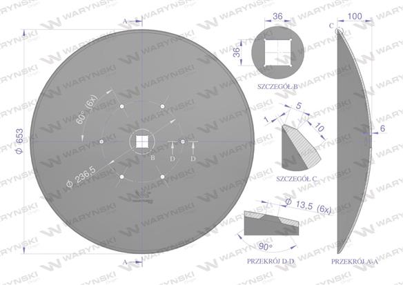 Talerz gładki fi 660 mocowanie 6 / 234 stal borowa Waryński R W-5195660/35/6/2