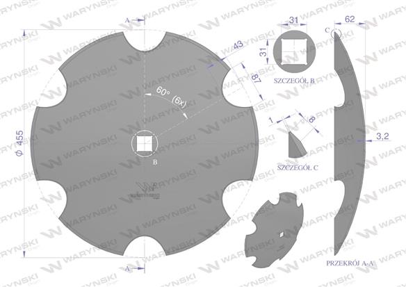 Talerz uzębiony Z-6 fi 460 otwór 30x30 stal borowa WARYŃSKI R 1202030150