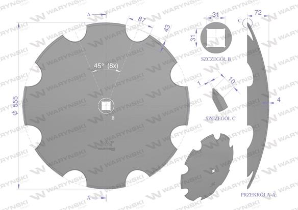 Talerz uzębiony Z-8 fi 560 otwór 30x30 stal borowa WARYŃSKI R 1279601010 1202030130