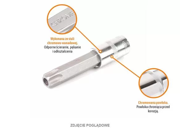 Klucz nasadowy 1/2" z bitem TORX 100 mm/T25 / (z otworem) / TEGER