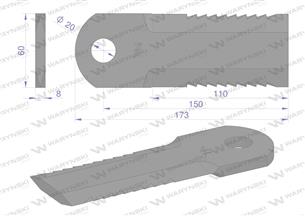 Nóż obrotowy rozdrabniacz słomy sieczkarnia uzębiony 173x60x8mm otwór 20 zastosowanie 270093250 Krone WARYŃSKI ( sprzedawane po 