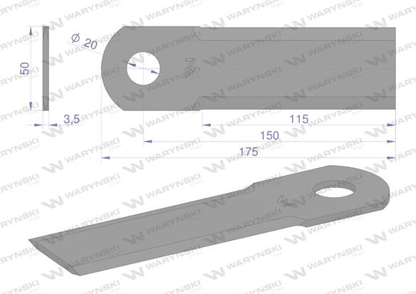 Nóż obrotowy rozdrabniacz słomy sieczkarnia gładki 175x50x3.5mm otwór 20 zastosowanie HF41348 WARYŃSKI ( sprzedawane po 25 )