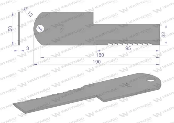 Nóż stały rozdrabniacz słomy sieczkarnia uzębiony 190x50x3mm otwór 12 zastosowanie Z55611 WARYŃSKI ( sprzedawane po 25 )