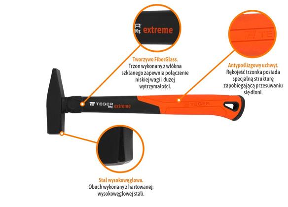 Młotek ślusarski z trzonkiem fiberglass 300 g Extreme / TEGER