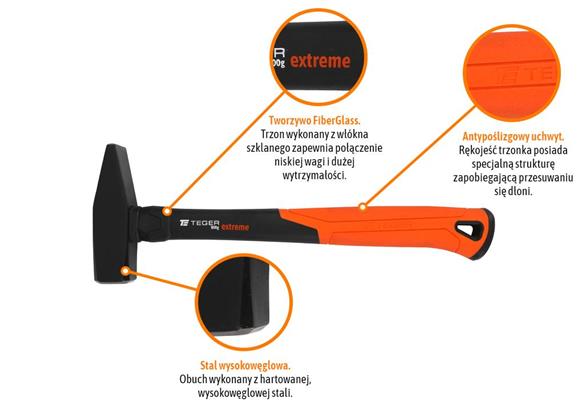 Młotek ślusarski z trzonkiem fiberglass 800 g Extreme / TEGER