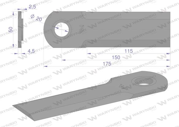 Nóż obrotowy sieczkarnia gładki 175x50x4.5mm otwór 20 z tuleją zastosowanie 1994760C4 Case WARYŃSKI ( sprzedawane po 25 )