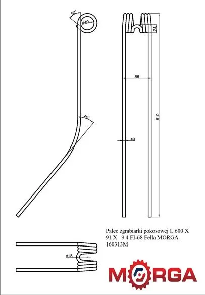 Palec zgrabiarki pokosowej L 600 X 91 X 9.4 FI-68 Fella malowane proszkowo MORGA
