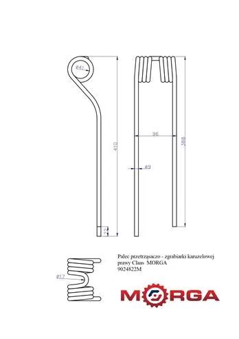 Palec przetrząsaczo - zgrabiarki karuzelowej prawy Claas 9024822 malowane proszkowo MORGA