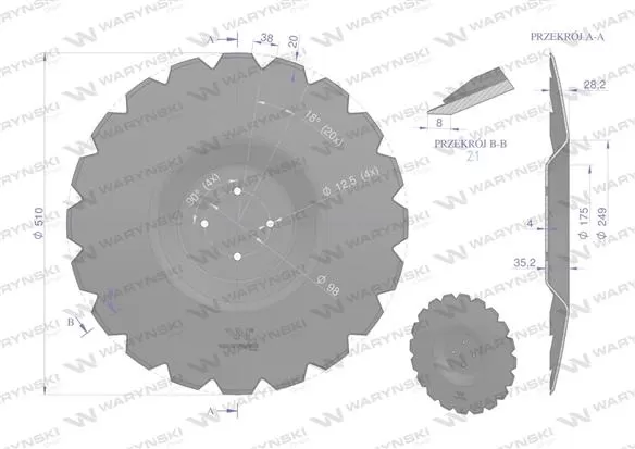 Talerz uzębiony Z-20 fi 510 mocowanie 4/98 grubość 4 mm przetłoczony stal borowa WARYŃSKI R