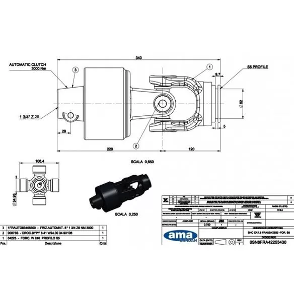 Przegub kompletny kat. 8 (W2500) ze sprzęgłem automatycznym 1 3/4-20, 3000 Nm, na profil gwiazda zew.: 61x47 mm