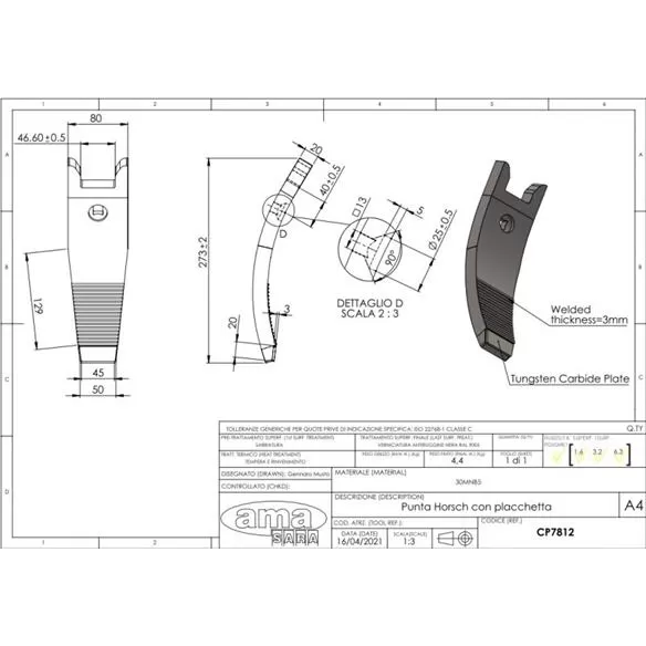 Horsch, dłuto grządzieli wzmocnione + płytka 80X20 zamiennik, 34060850