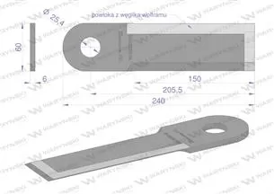 Nóż przystawki do kukurydzy napawany 240x60x6 otwót 25.4mm zastosowanie Capello WARYŃSKI