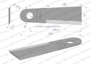 Nóż przystawki do kukurydzy napawany 232x70-51x6 otwór 25.5mm zastosowanie Capello WARYŃSKI