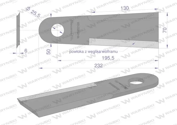 Nóż przystawki do kukurydzy napawany 232x70-51x6 otwór 25.5mm zastosowanie Capello WARYŃSKI