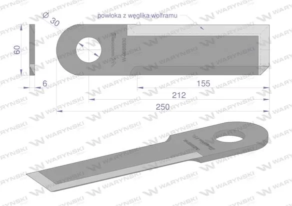 Nóż przystawki do kukurydzy napawany 250x60x6 otwór 30mm zastosowanie Claas Conspeed 9942330 WARYŃSKI