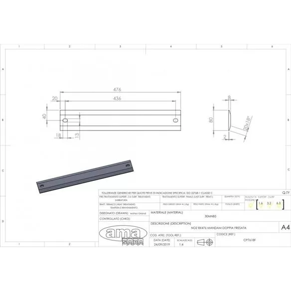 Nóż wału uprawowego 476x80x8 mm, średnica otworu 18mm, dwustronny, ostrze 2mm