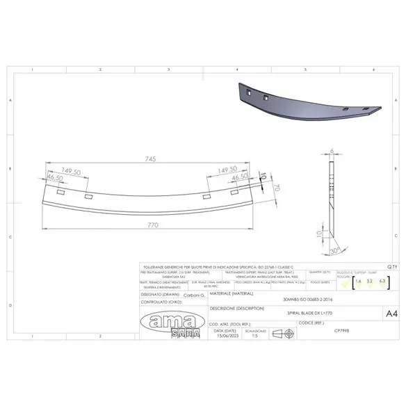 Nóż spiralny wału uprawowego - prawy 770x70x6 mm