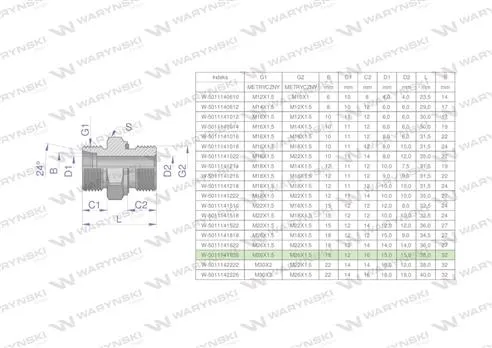 Przyłączka hydrauliczna metryczna BB (XGE) M26x1.5 18L x M26x1.5 ED Waryński ( sprzedawane po 2 )