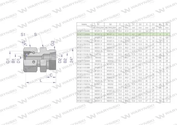 Złączka hydrauliczna metryczna AB (XKOR) A-M14x1.5 08L / B-M14x1.5 08L Waryński ( sprzedawane po 2 )