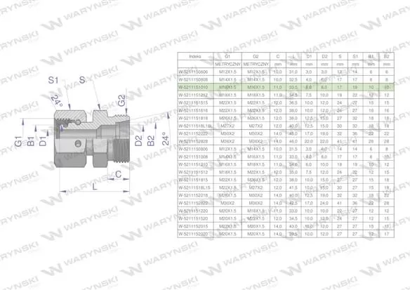 Złączka hydrauliczna metryczna AB (XKOR) A-M16x1.5 10L / B-M16x1.5 10L Waryński ( sprzedawane po 5 )