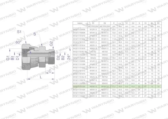 Złączka hydrauliczna metryczna AB (XKOR) A-M20x1.5 (60 stopni) / B-M18x1.5 12L Waryński ( sprzedawane po 2 )