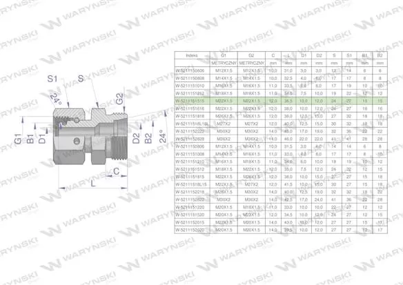 Złączka hydrauliczna metryczna AB (XKOR) A-M22x1.5 15L / B-M22x1.5 15L Waryński ( sprzedawane po 5 )