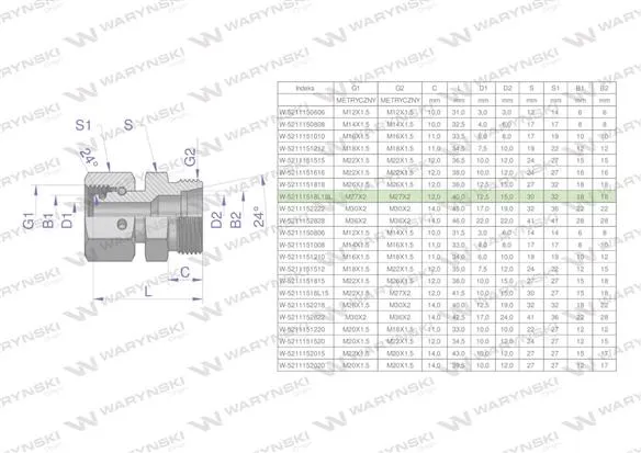 Złączka hydrauliczna metryczna AB (XKOR) A-M27x2 18L / B-M27x2 18L Waryński ( sprzedawane po 2 )