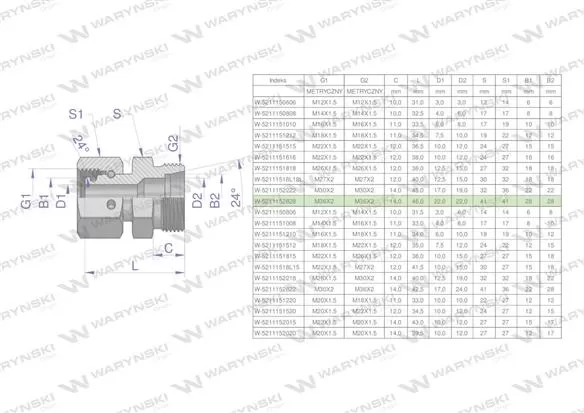 Złączka hydrauliczna metryczna AB (XKOR) A-M36x2 28L / B-M36x2 28L Waryński