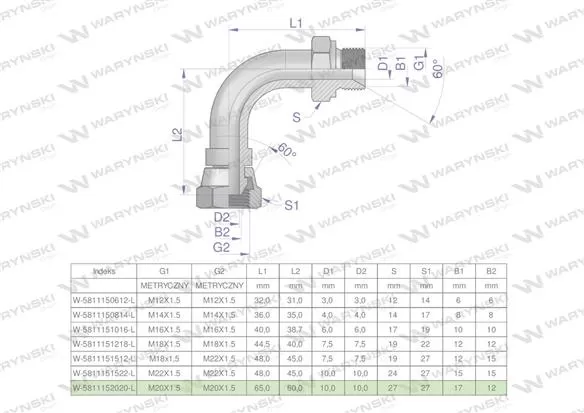 Kolanko hydrauliczne metryczne łukowe AB M20x1.5 (60 stopni) (XEVW) Waryński ( sprzedawane po 10 )