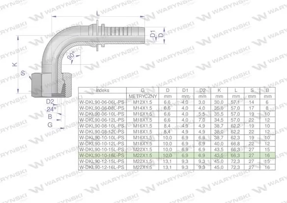 Zakucie hydrauliczne DKL90 DN10 16L M22x1.5 PREMIUM Waryński ( sprzedawane po 10 )