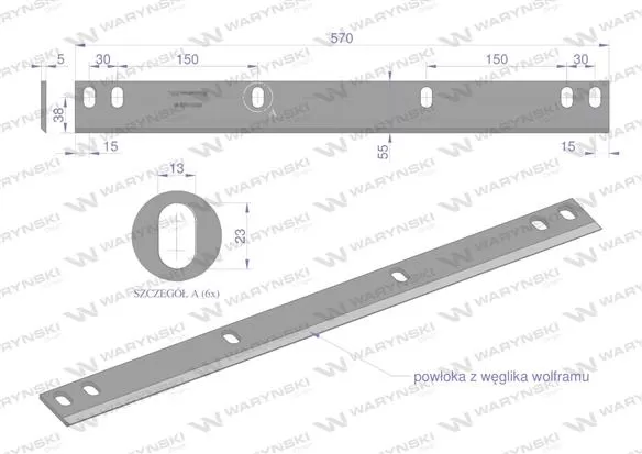 Nóż walca zrywacza napawany 570x54x5 otwory 6x23.7mm DR11030 zastosowanie Olimac WARYŃSKI