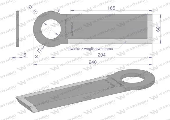 Nóż długi przystawki do kukurydzy napawany 240x60x6 otwór 40mm zastosowanie Olimac Drago GT 15341 WARYŃSKI