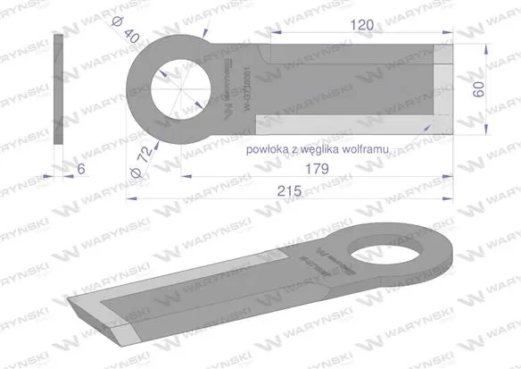 Nóż krótki przystawki do kukurydzy napawany 215x60x6 otwór 40mm zastosowanie Olimac Drago WARYŃSKI