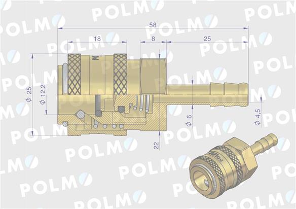 Szybkozłącze pneumatyczne P26 NW7.2 gniazdo pod wąż DN06mm POLMO ( sprzedawane po 5 )