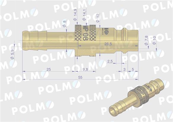 Szybkozłącze pneumatyczne P26 NW7.2 wtyczka pod wąż DN08mm POLMO ( sprzedawane po 5 )