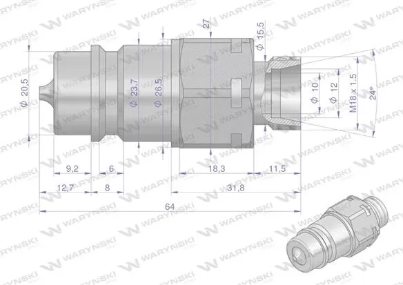 Szybkozłącze hydrauliczne wtyczka M18x1.5 gwint zewnętrzny EURO (9100818W) (ISO 7241-A) Waryński (opakowanie 10szt)