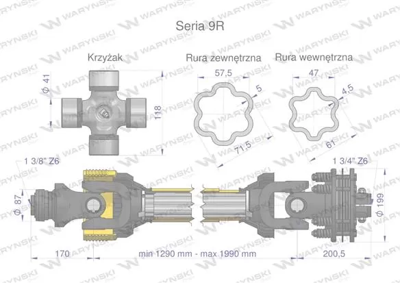 Wał przegubowo-teleskopowy 1290-1990mm 1950Nm sprzęgło cierne 2500Nm Z6 - 1 3/4 CE 2020 seria 9X Waryński - WX9B1671290-188380