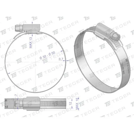 Opaska zaciskowa wzmocniona 32-50 ślimakowa (obejma W2 - stal nierdzewna) szerkość 12mm TEGER, (sprzedawane po 50) T-W2-32-50-S