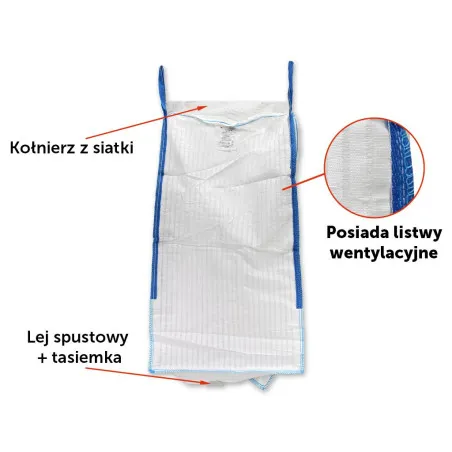 Worek BIG BAG 1000kg. wentylowany. 95 x 95 x 180. 4 uchwyty. Kołnierz/Lej spustowy. Tasiemka /TEGER T-BB1TW95X180-K/1L