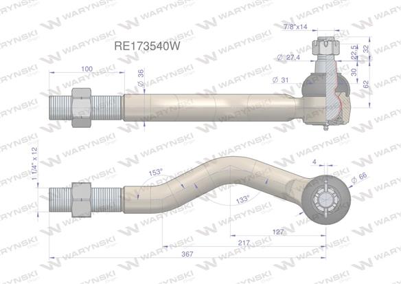 Przegub kierowniczy prawy 367mm - 1 1/4" RE173540 WARYŃSKI