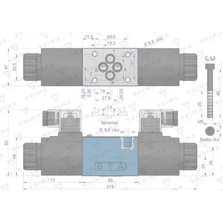 Rozdzielacz (elektrozawór CETOP 3 NG6) 3-pozycyjny 50L suwak "E" (cewki x2) 230V VOIMA V-4WE6-EG2-230V