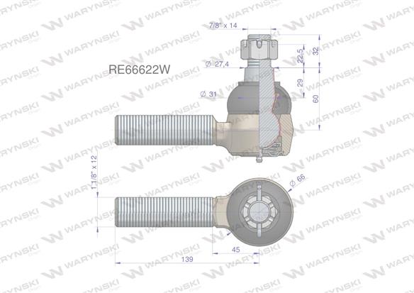 Przegub kierowniczy 139mm - 1 1/8" RE66622 WARYŃSKI