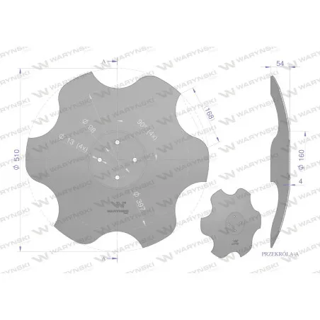 Talerz, skrajny lewy fi 510 mocowanie 4/98 grubość 4 mm stal borowa, Waryński W-95102245