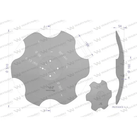 Talerz, skrajny prawy fi 510 mocowanie 4/98 grubość 4 mm stal borowa, Waryński W-95112245