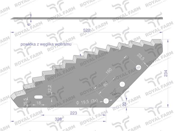 Nóż paszowozu uniwersalny otwór 19.5 mm z węglikiem wolframu Standard ROYAL FARM