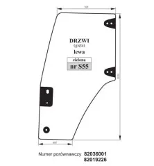 Szyba drzwi lewa gięta zielona Case 82036001, 82019226 S55
